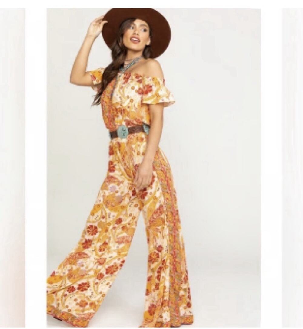 Free People Carmen Jumpsuit Size XS Orange Floral Off-the-Shoulder Boho Hippie